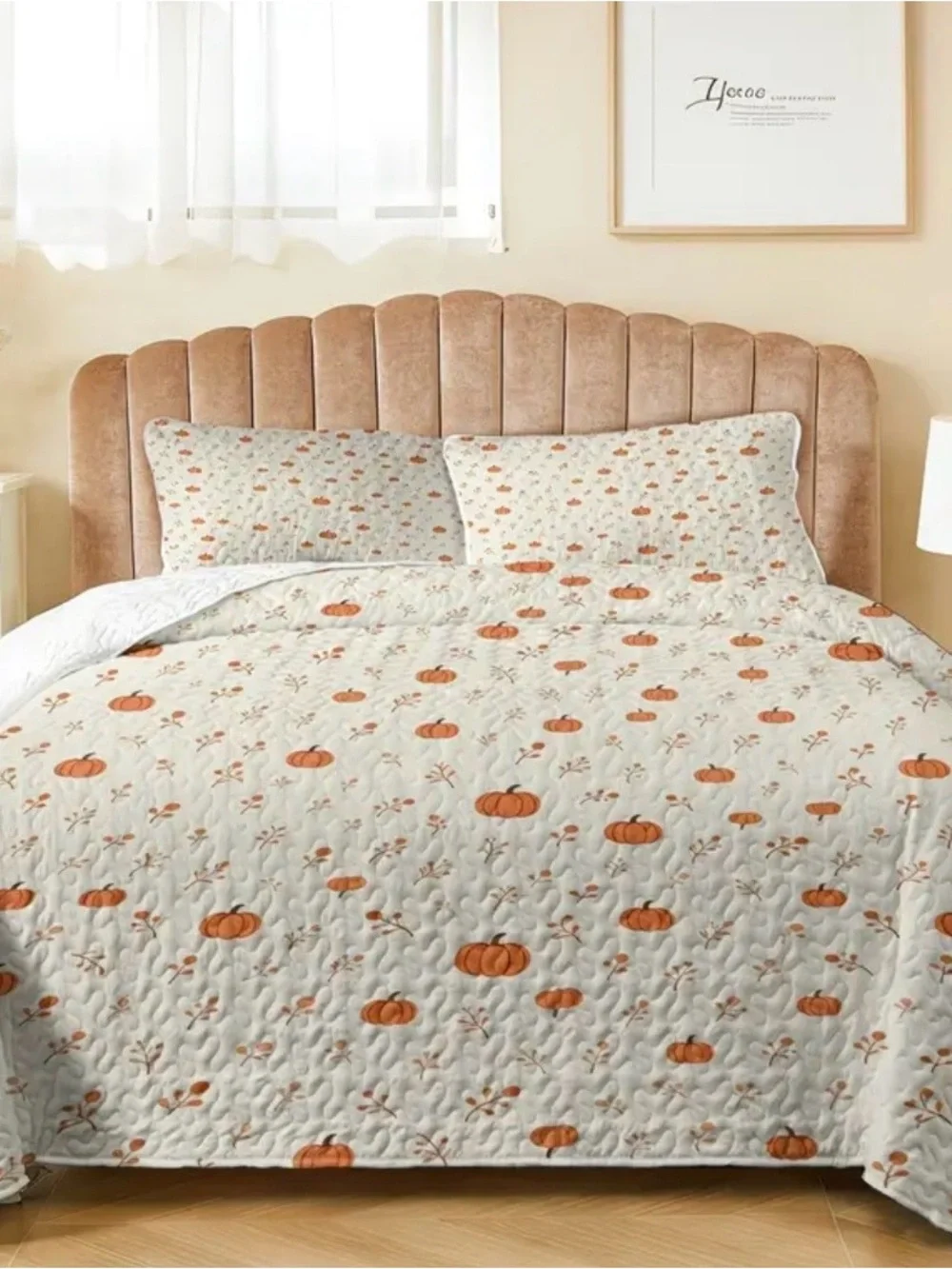 Pumpkin Print Quilted Bedspread Set - White & Orange